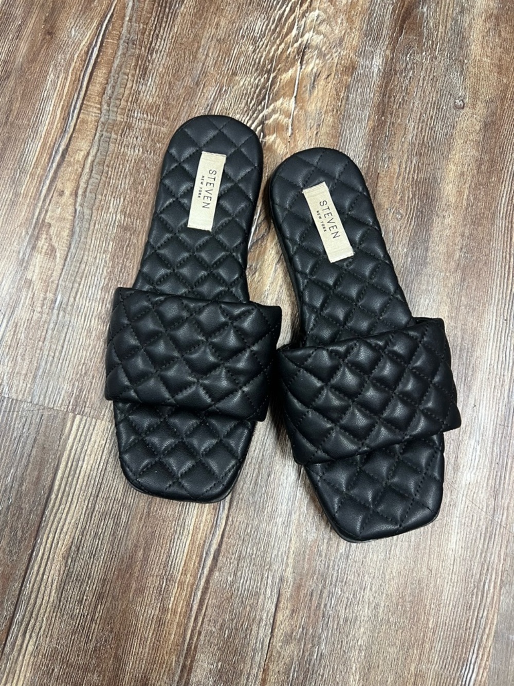 Black Steve Madden quilted leather slide sandals